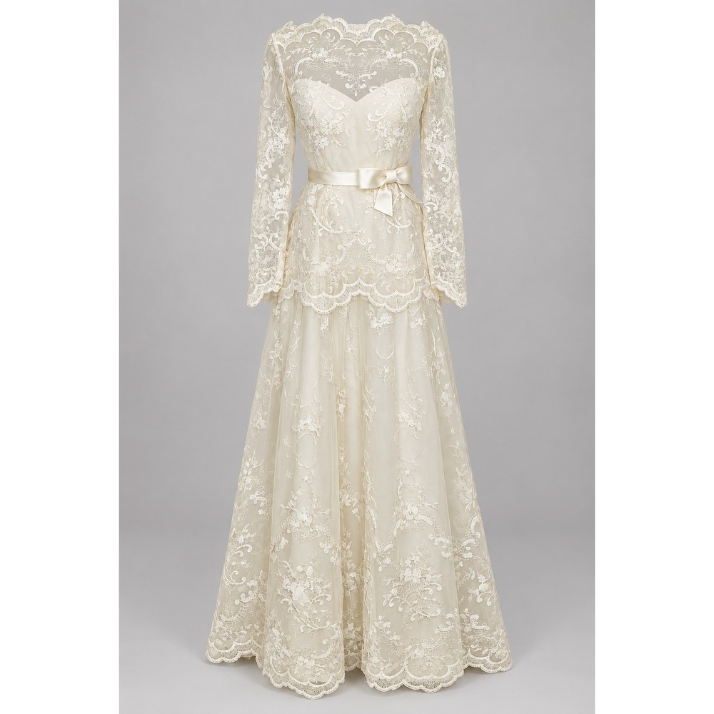 Vintage Ivory Lace Wedding Dress Long Sleeve Peplum Bow Maxi Bridal Gown